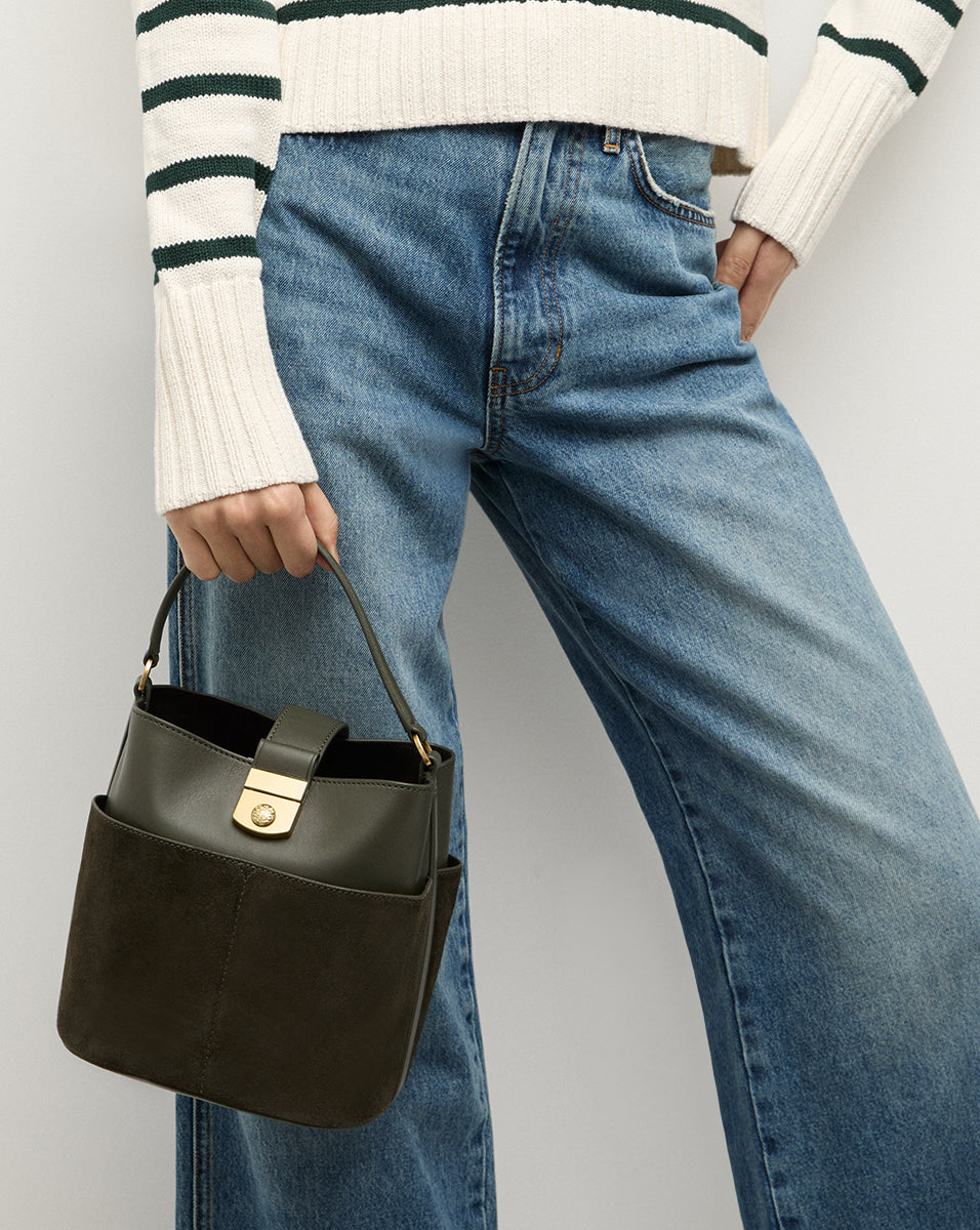 Small Crest Lock Suede Bucket Bag in Pine | Veronica Beard