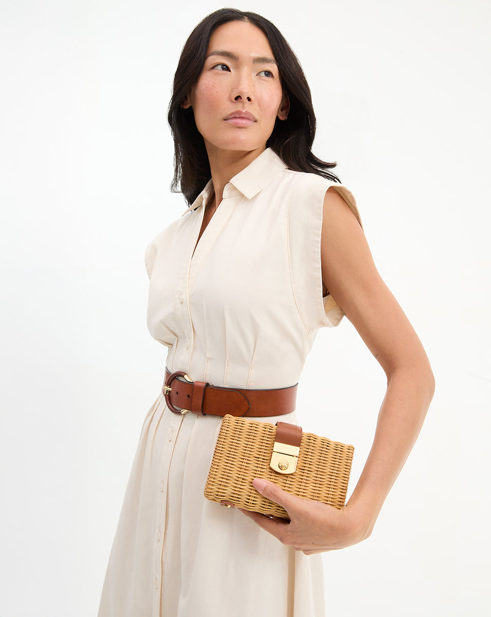 Veronica Beard Lock Box Clutch in Natural Wicker/ Hazelwood