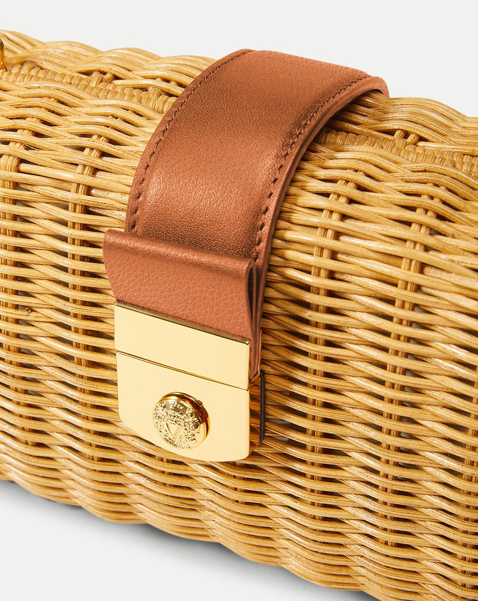 Veronica Beard Lock Box Clutch in Natural Wicker/Hazelwood