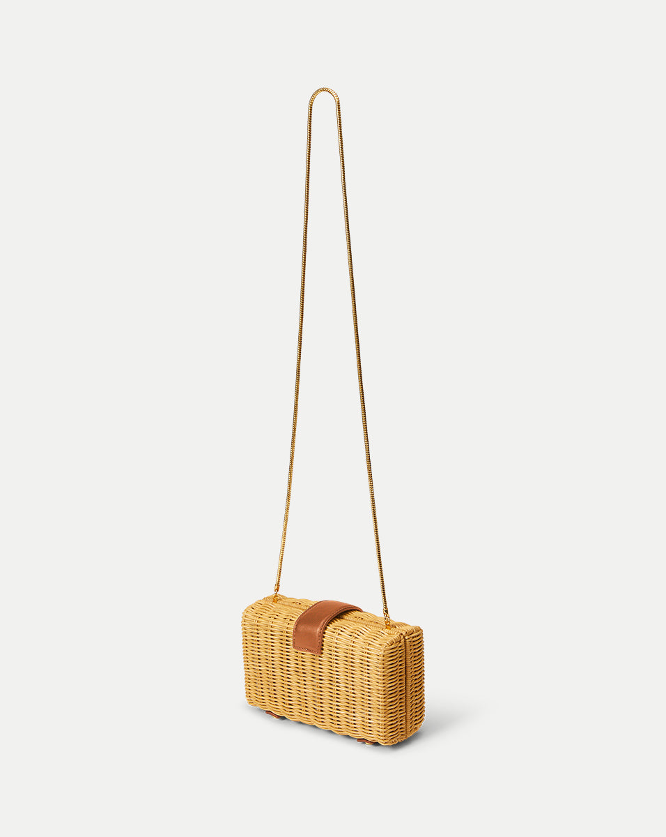Veronica Beard Lock Box Clutch in Natural Wicker/ Hazelwood