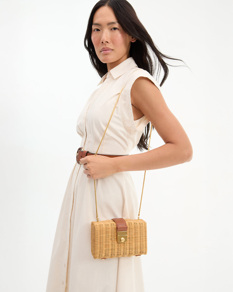 Veronica Beard Lock Box Clutch in Natural Wicker/ Hazelwood