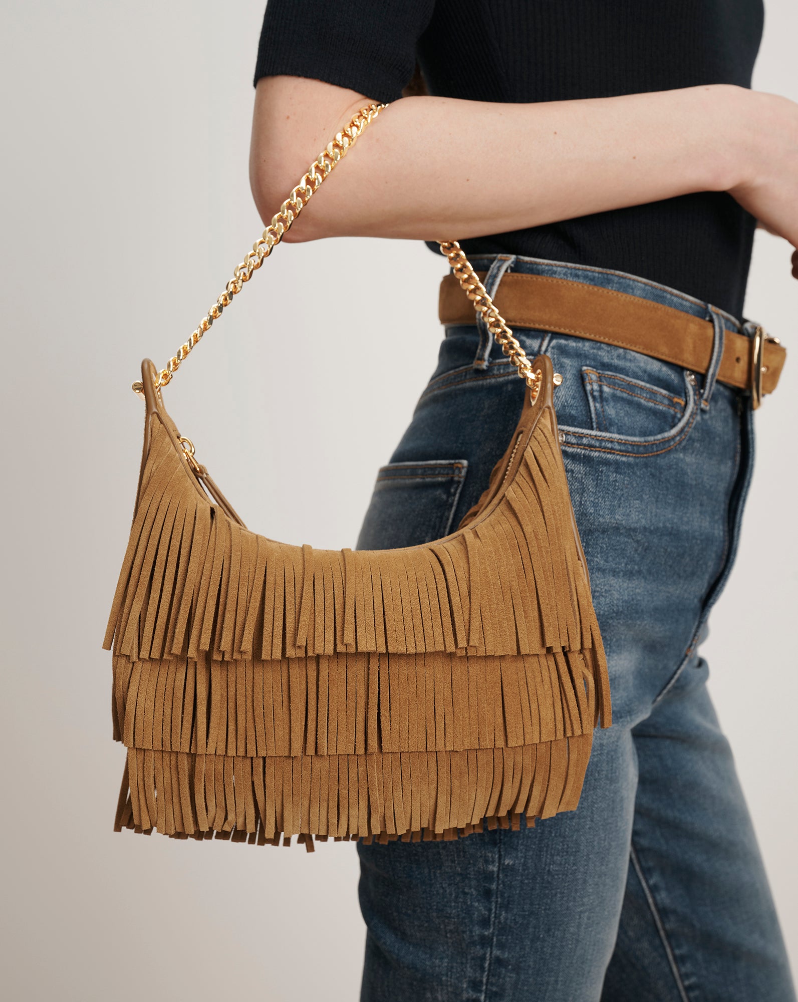 Fringe Fortune Shoulder Bag in Tan | Veronica Beard