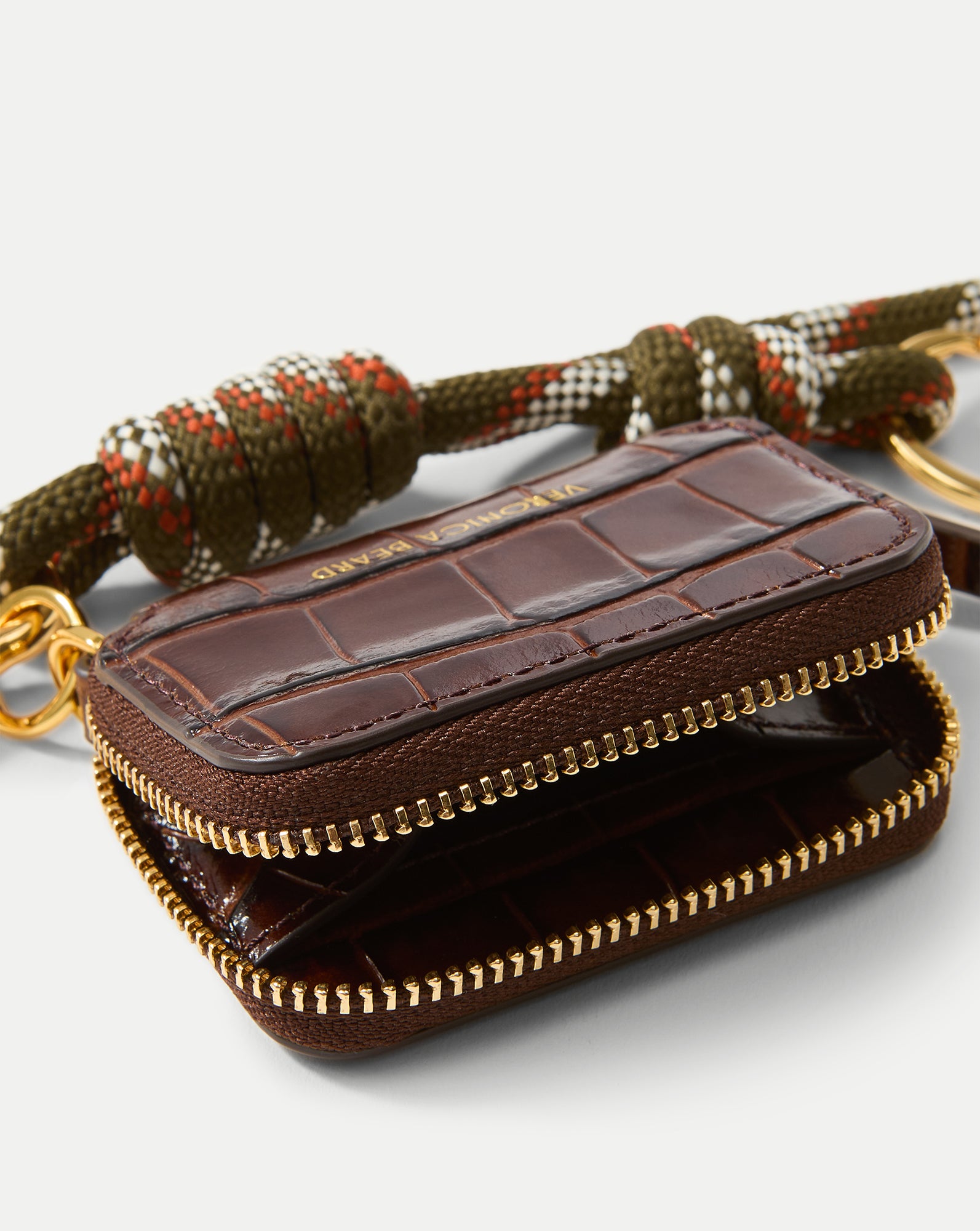 Croc-Embossed Zip Pouch Bag Charm in Brown & Khaki Chestnut Multi