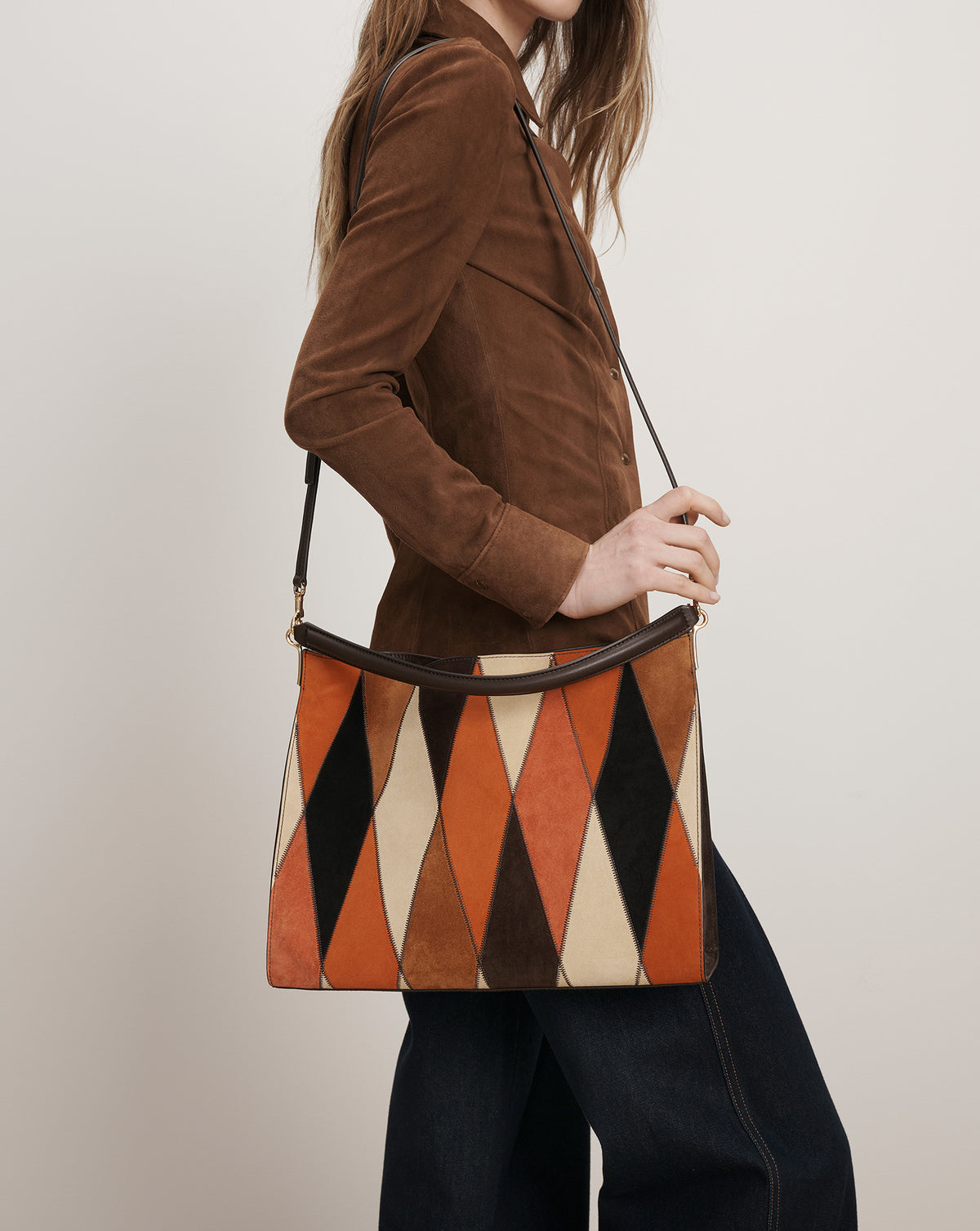 Vida Leather Patchwork Shoulder Bag in Espresso Multi  Brown Patterned Shoulder Bag main image 0