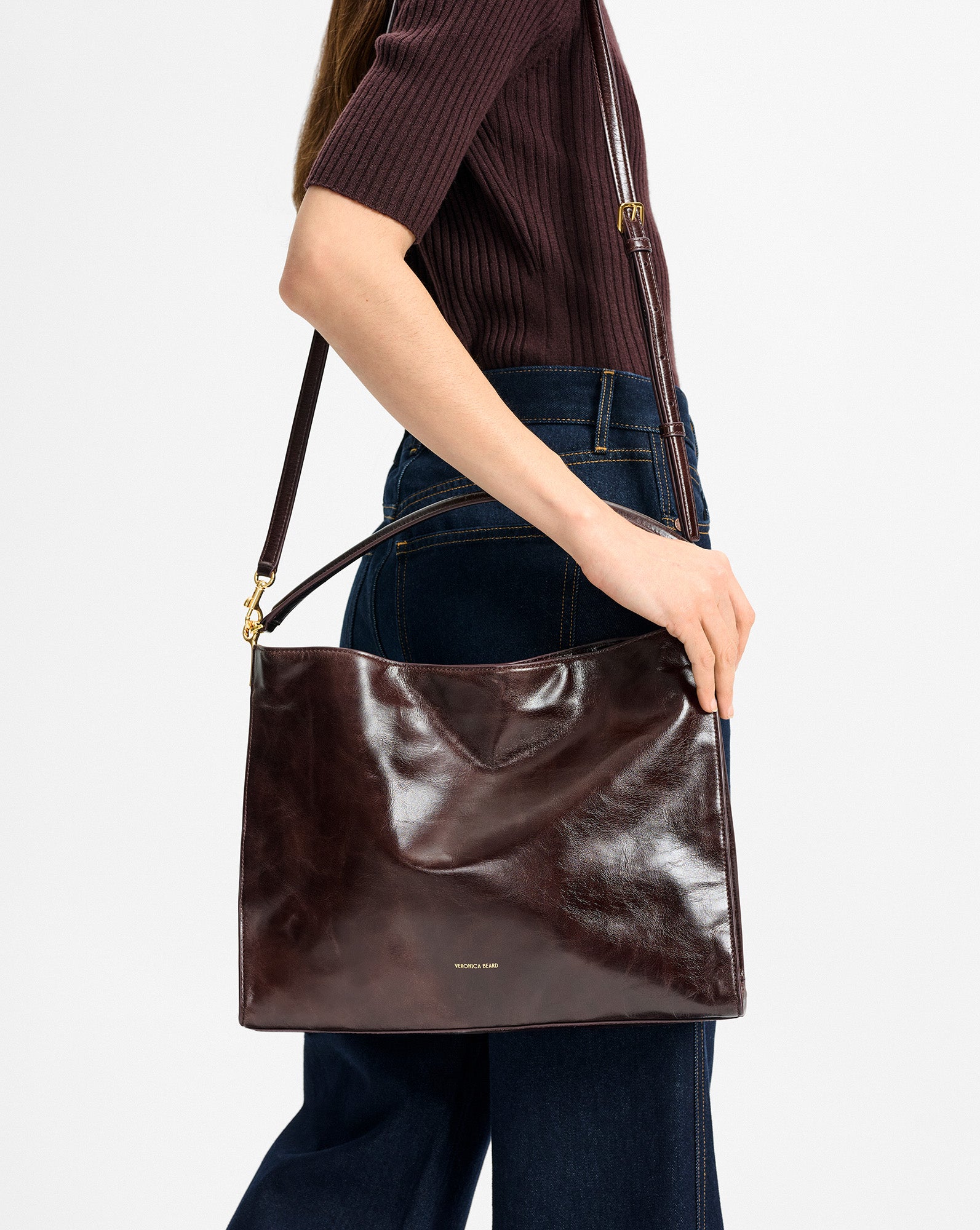 Vida Leather Shoulder Bag in Dark Brown Raisin | Veronica Beard