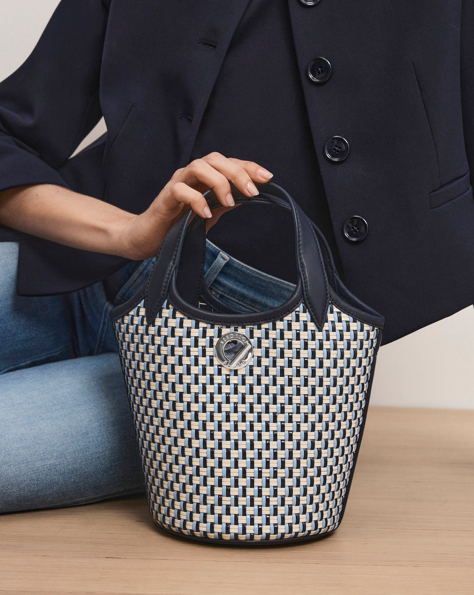 Anchor Woven Top-Handle Bag in Navy Multi | Veronica Beard
