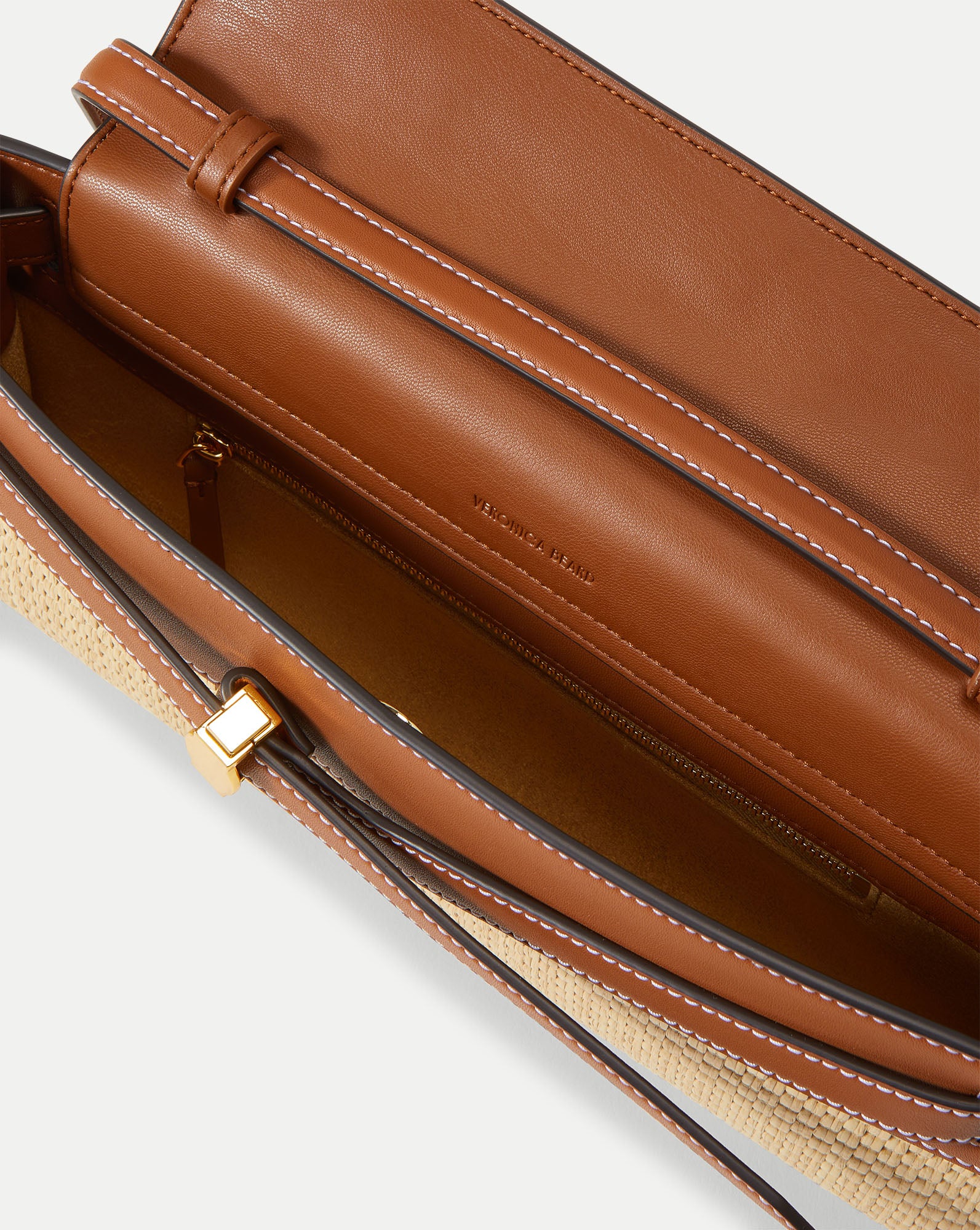 Veronica Beard Raffia Dash Clutch in Tan Leather Hazelwood/Natural