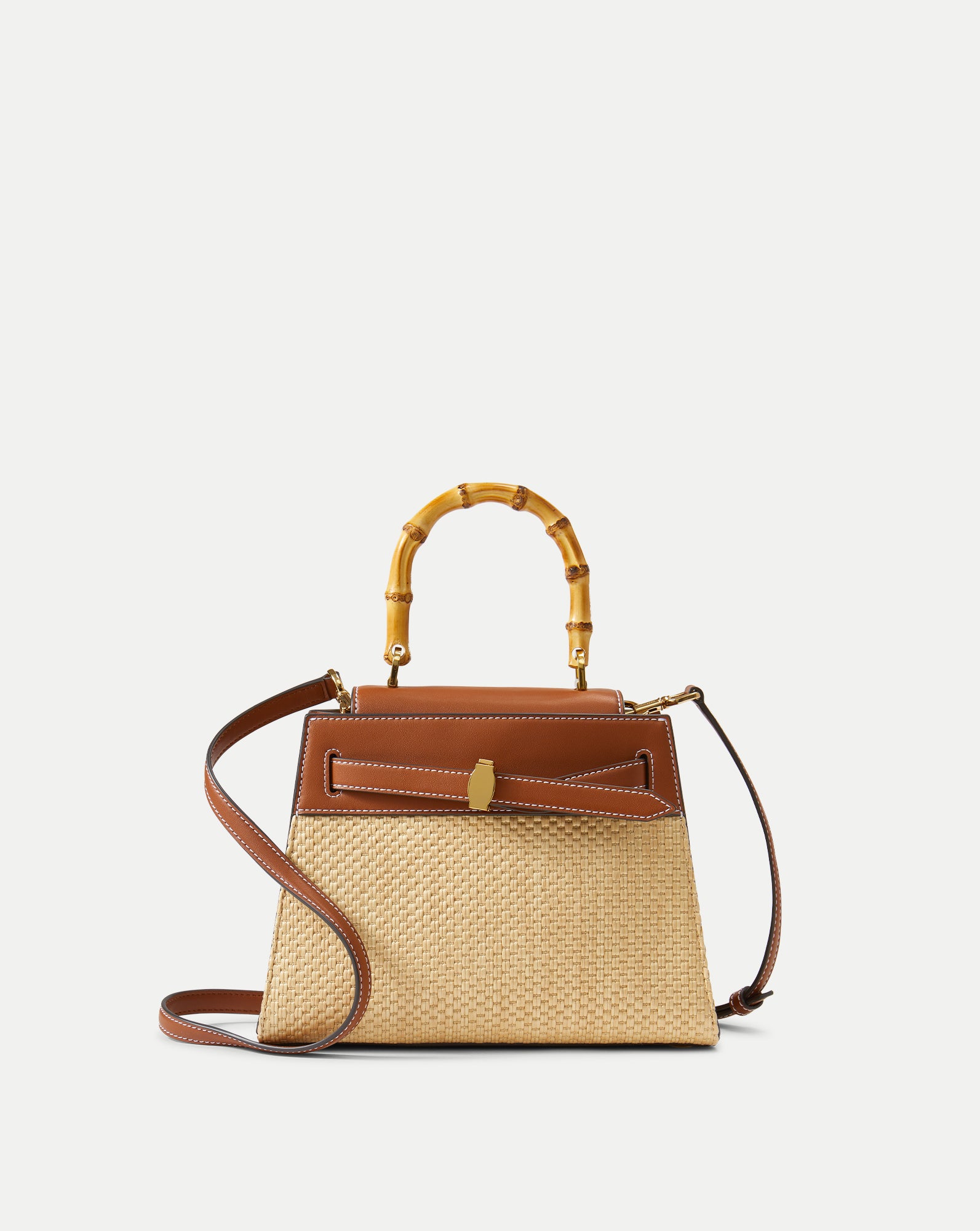Veronica Beard Raffia Dash Top-Handle Bag in Tan Leather Hazelwood