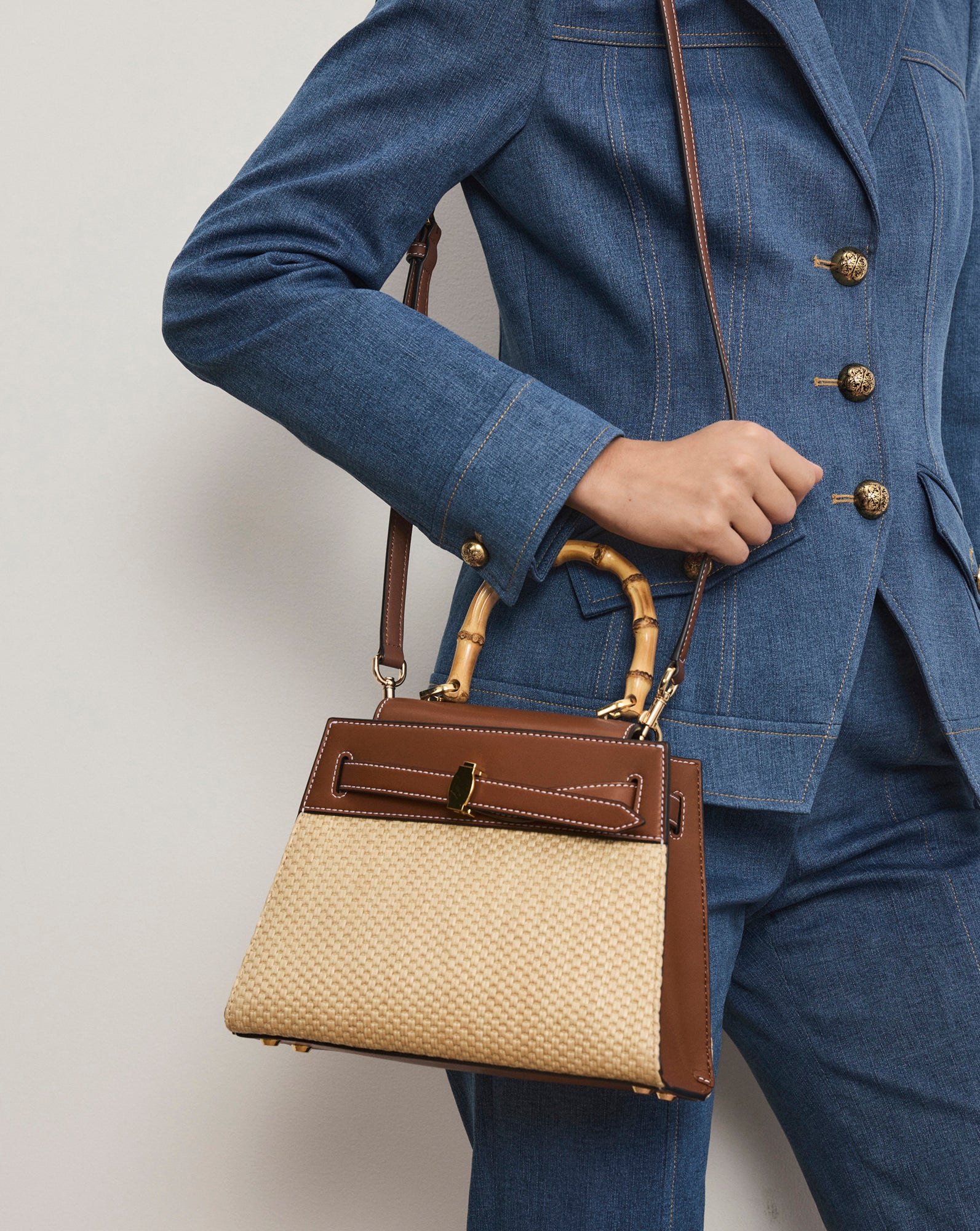 Veronica Beard Raffia Dash Top-Handle Bag in Tan Leather Hazelwood