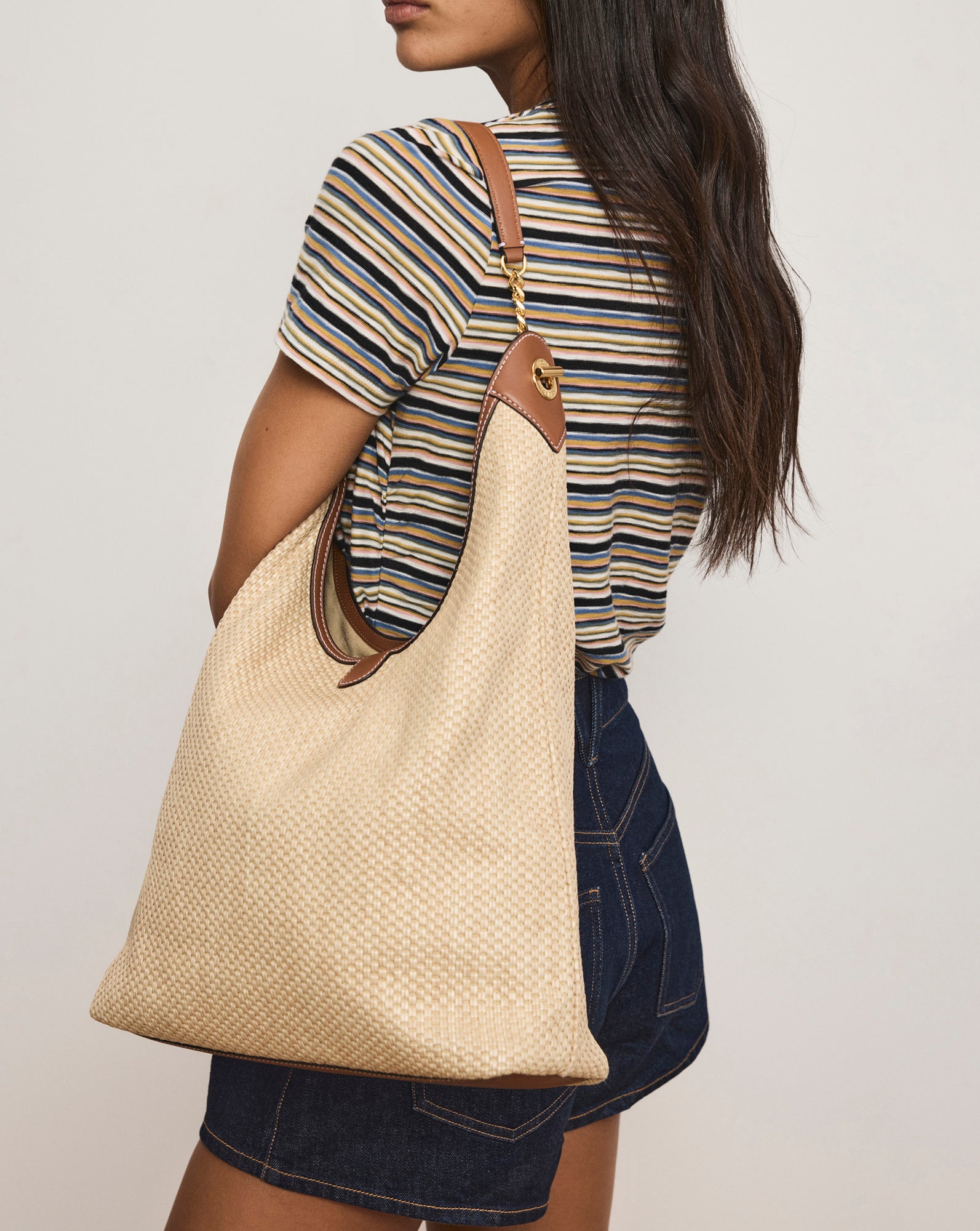 Jour Raffia Bag in Brown Leather Hazelwood/Natural | Veronica Beard