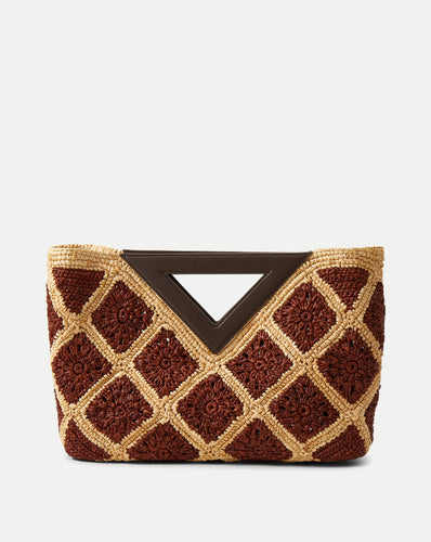 Veronica Beard Brown and tan crocheted raffia tote bag with a dark brown triangular handle.