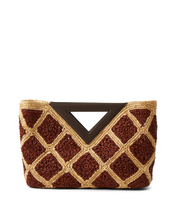 Veronica Beard Brown and tan crocheted raffia clutch with a dark brown triangular handle.