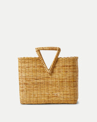 Veronica Beard Natural woven straw tote bag with a triangular top handle.
