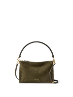 Veronica Beard Olive green suede shoulder bag with braided handle.