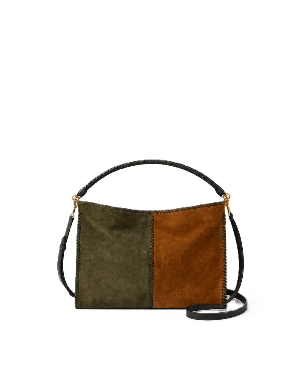Veronica Beard Suede shoulder bag, olive and brown, braided handle