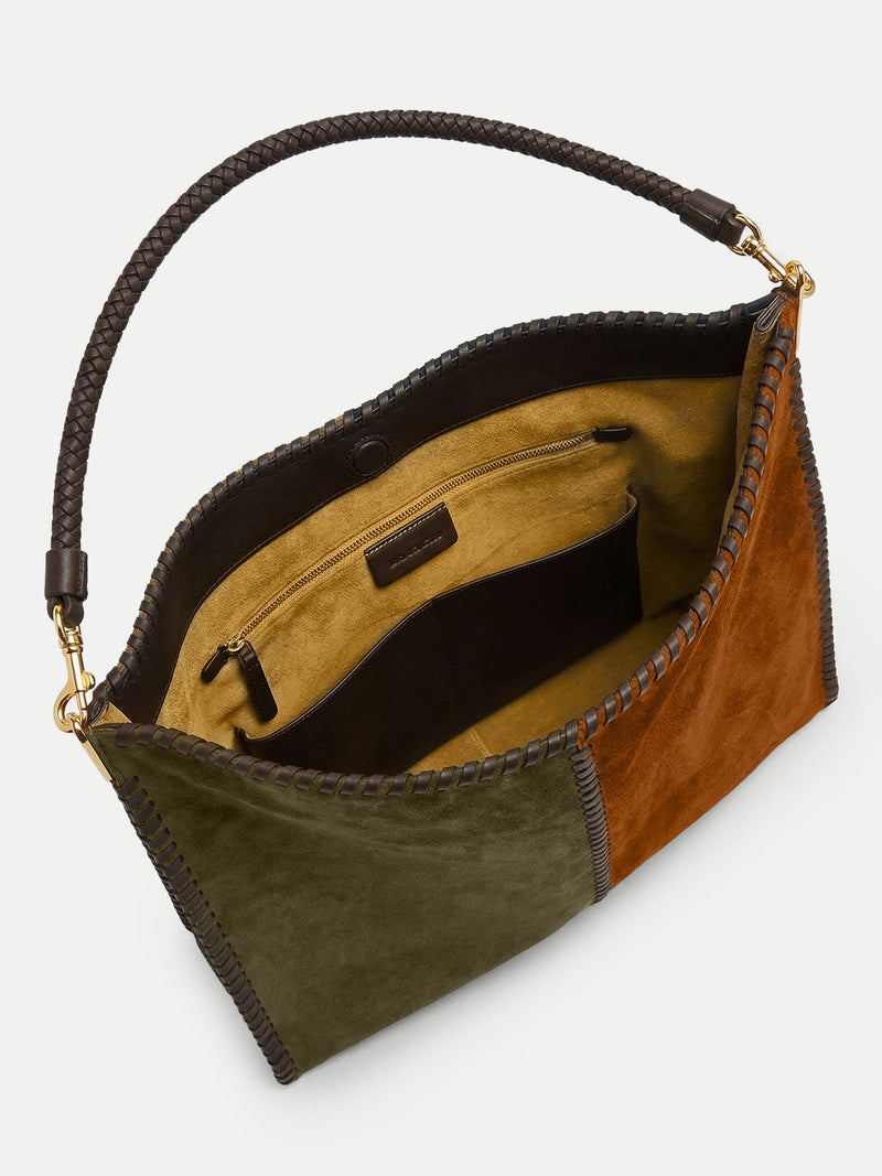 Veronica Beard Brown and olive suede patchwork shoulder bag with