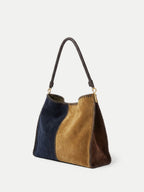 Veronica Beard Blue, tan, and brown suede patchwork shoulder bag