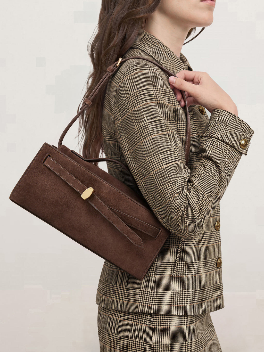 Veronica Beard Brown suede shoulder bag with gold hardware.