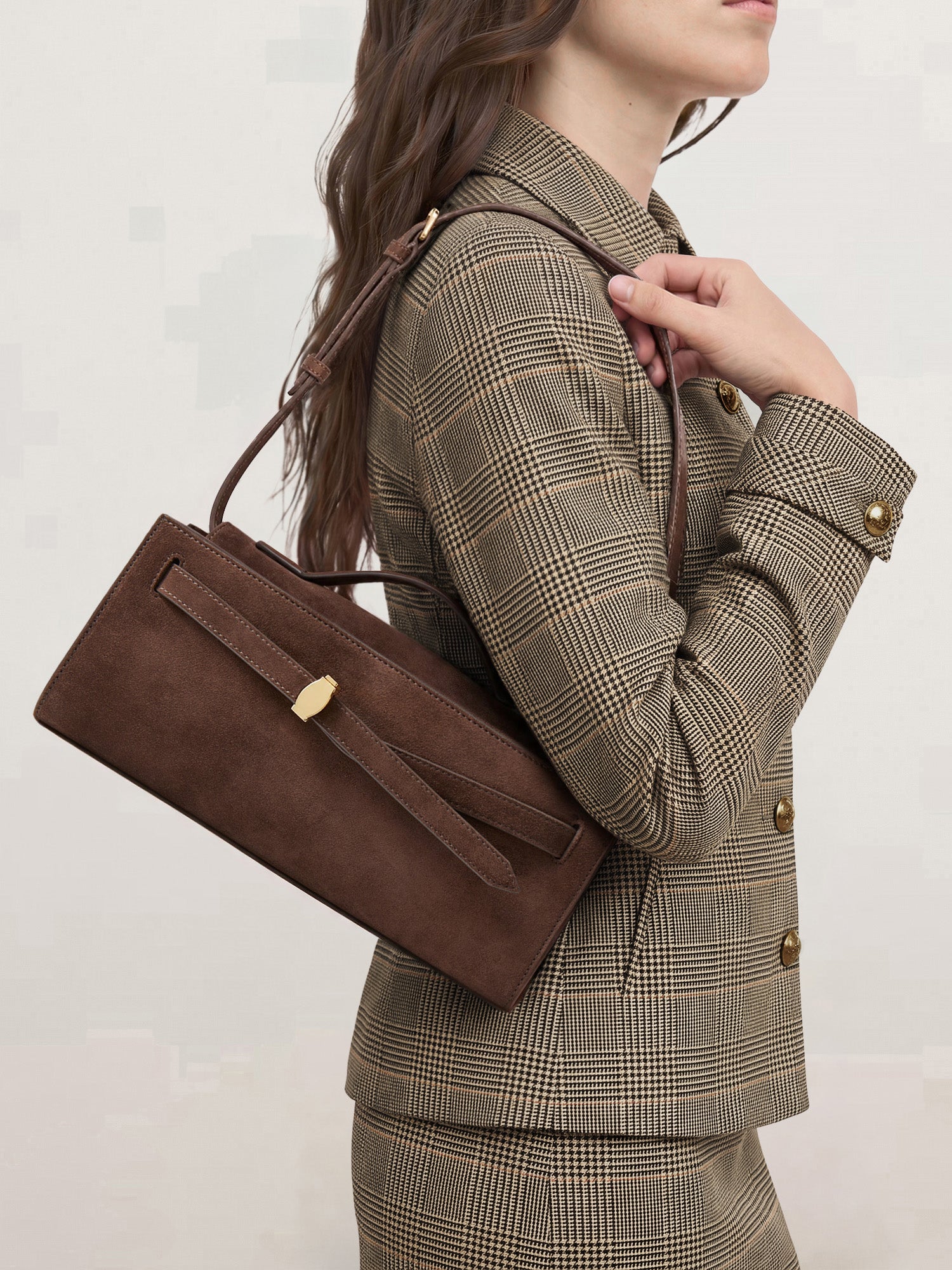 Veronica Beard Brown suede shoulder bag with gold hardware.