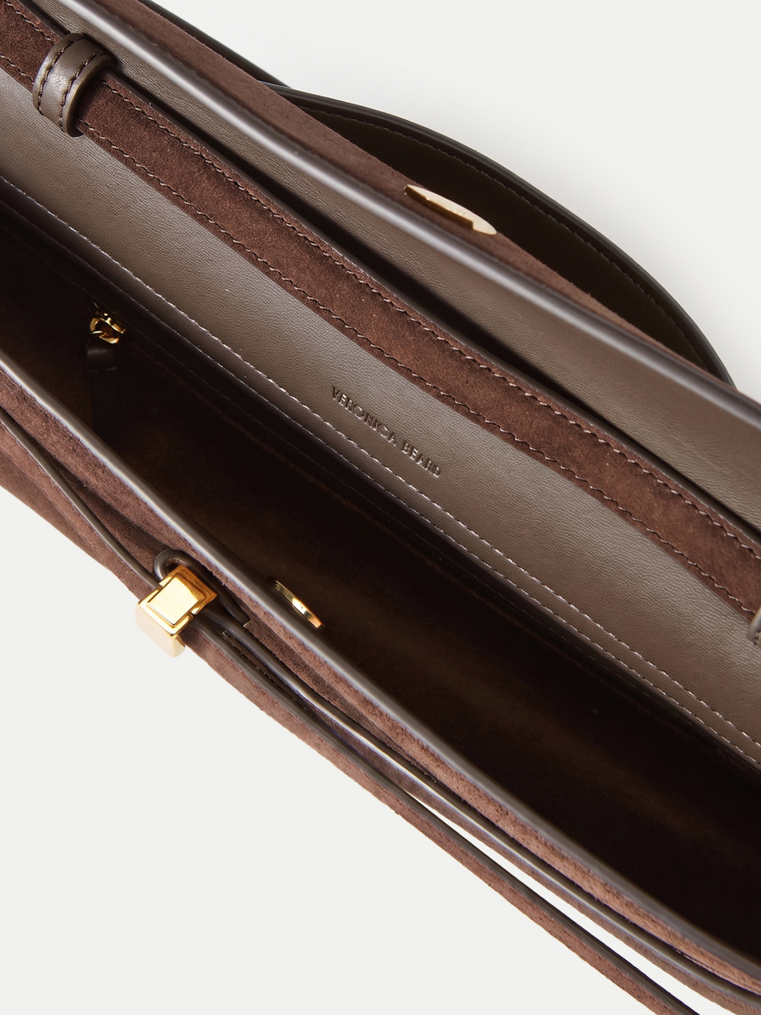 Veronica Beard Brown suede handbag with gold hardware.