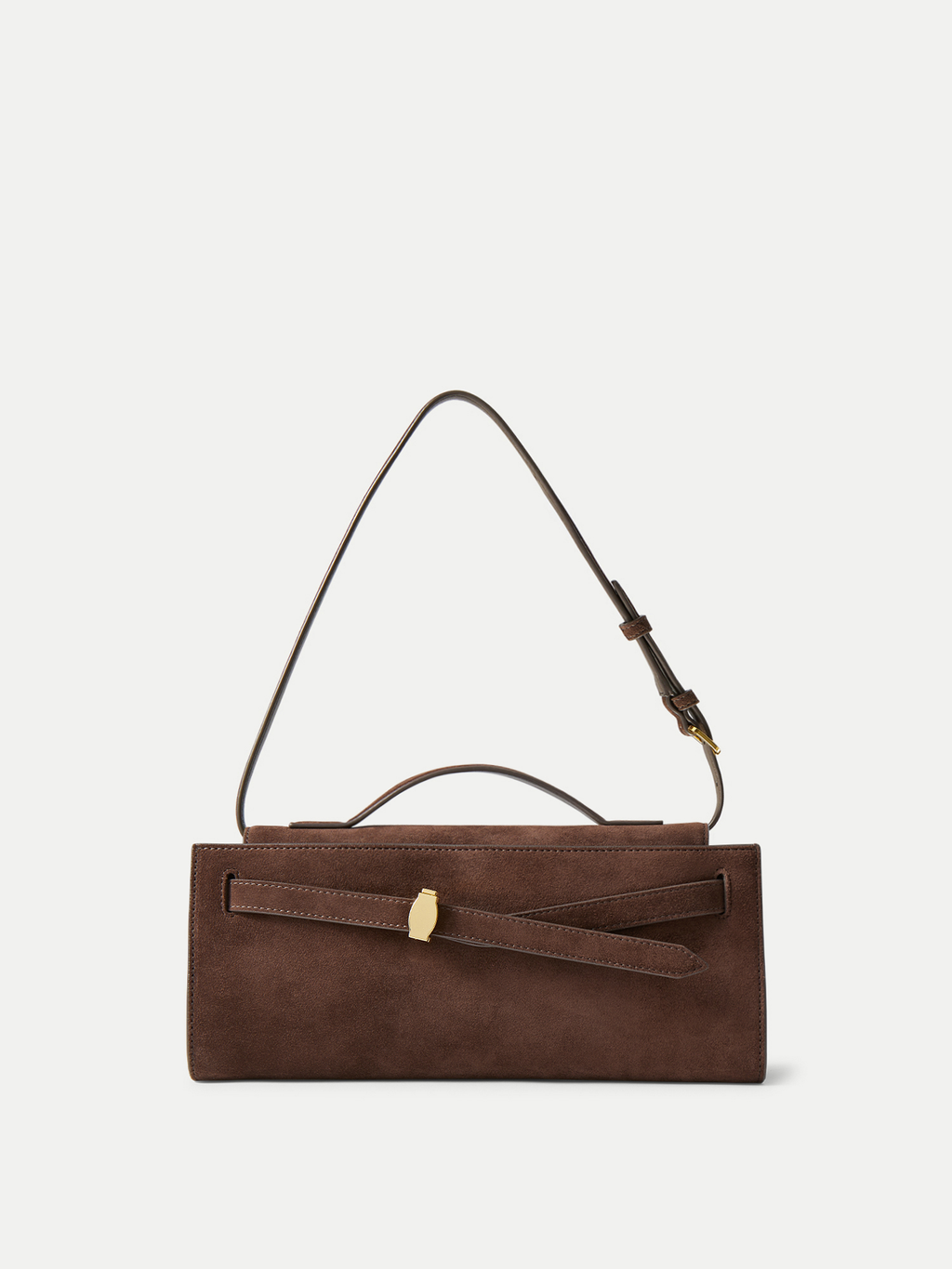 Veronica Beard Brown suede shoulder bag with gold buckle.