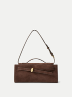 Veronica Beard Brown suede shoulder bag with gold buckle.