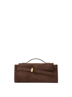 Veronica Beard Brown suede handbag with gold buckle and top handle.
