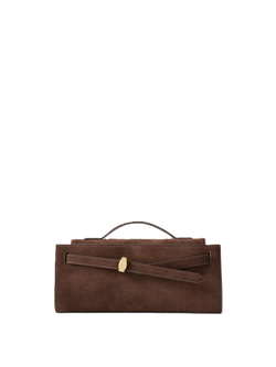 Veronica Beard Brown suede handbag with gold buckle and top handle.