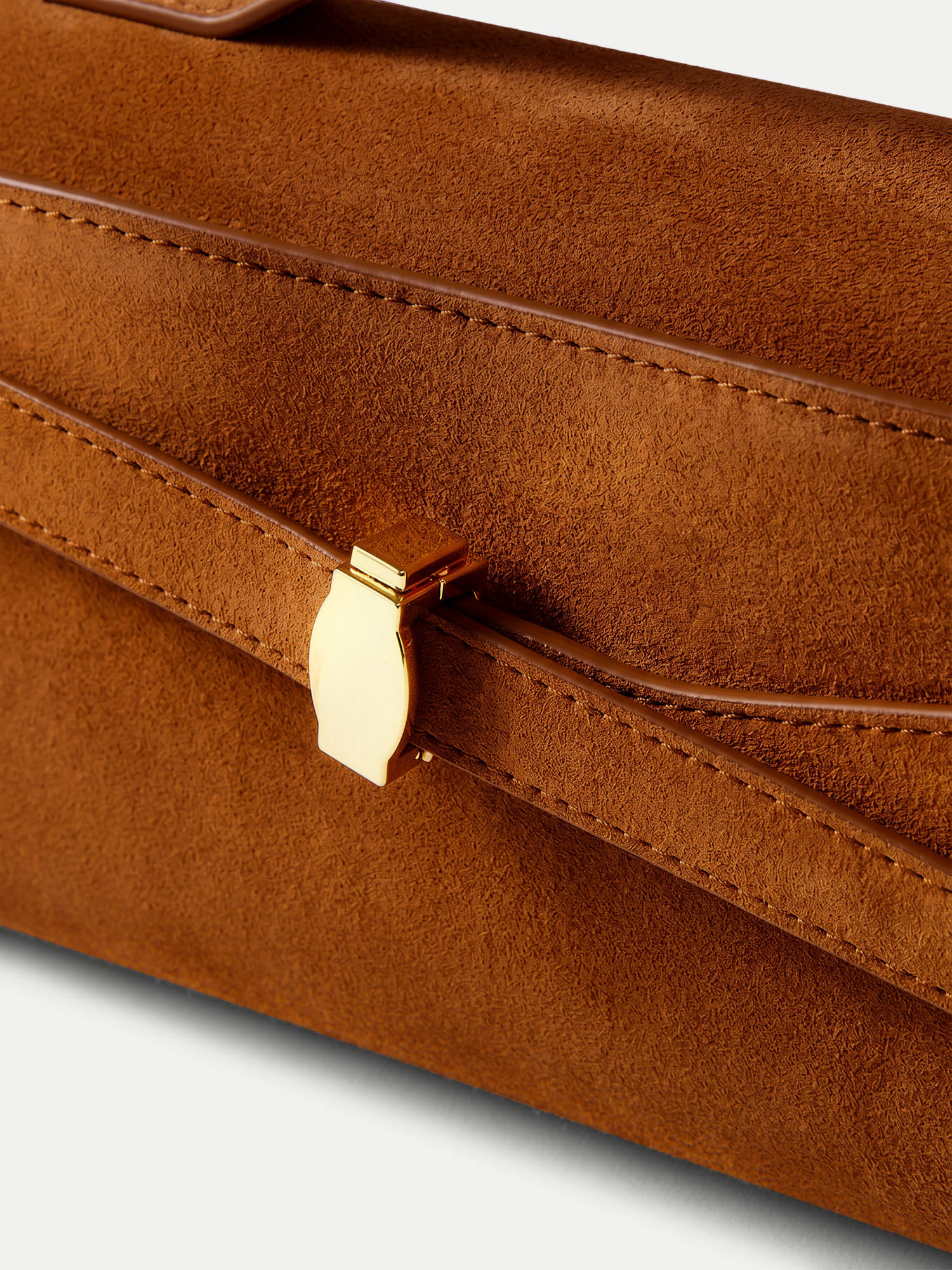 Veronica Beard Brown suede clutch with gold clasp.