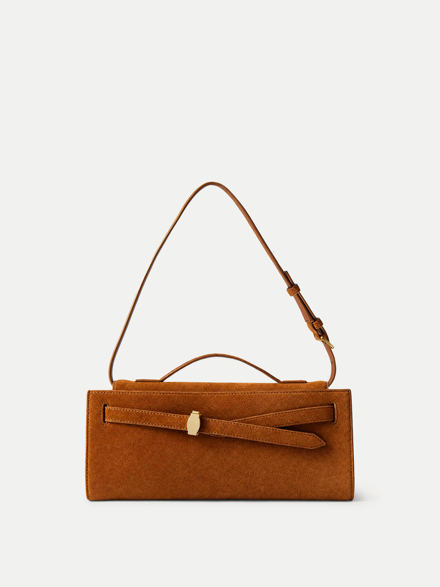 Veronica Beard Brown suede shoulder bag with gold clasp.
