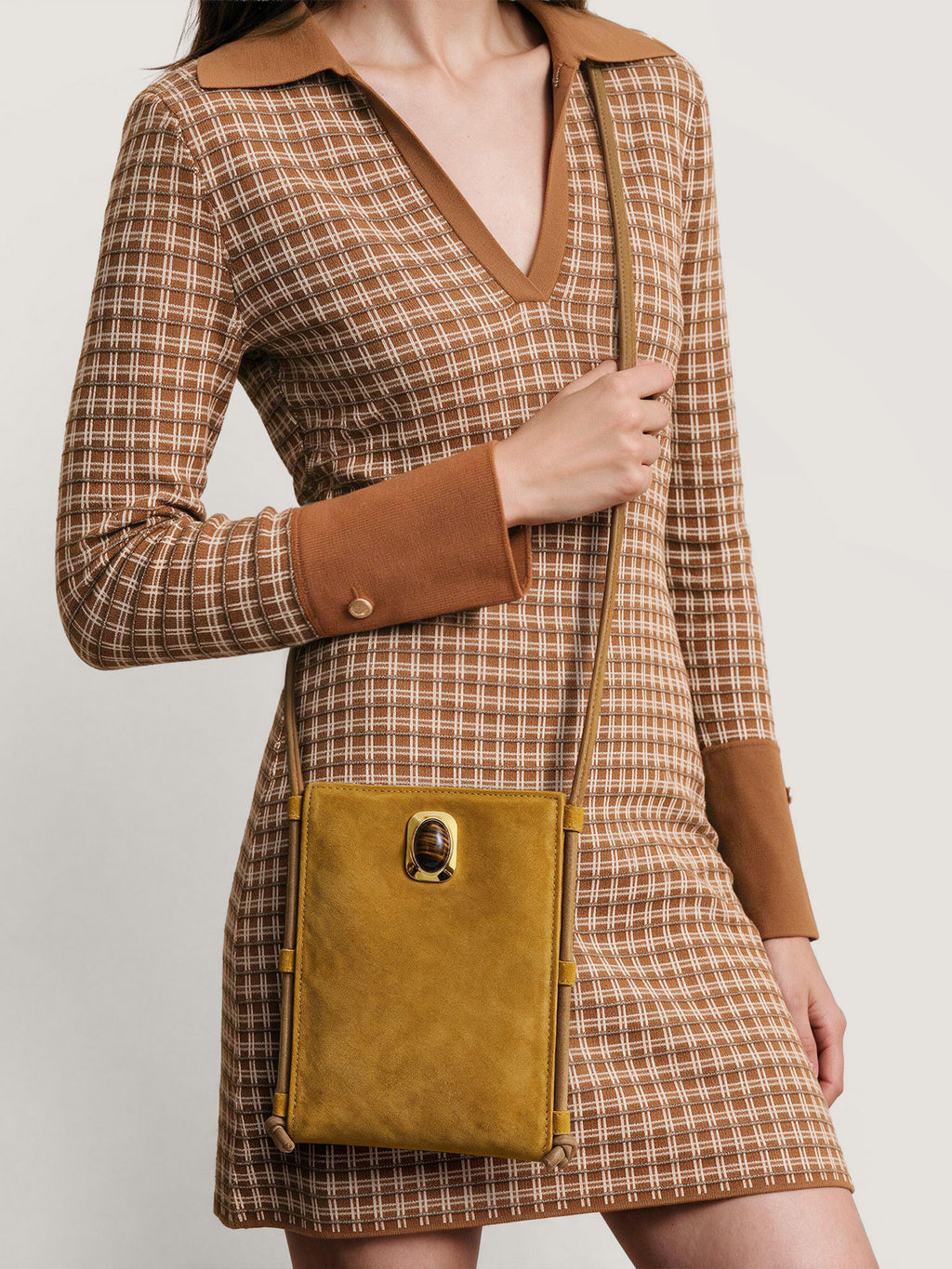 Veronica Beard Brown plaid knit dress with solid cuffs.