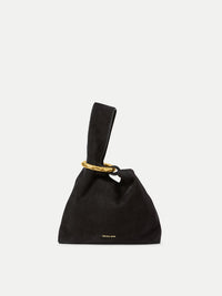 Veronica Beard Black suede clutch with gold ring handle.