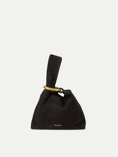 Veronica Beard Black suede clutch with gold ring handle.
