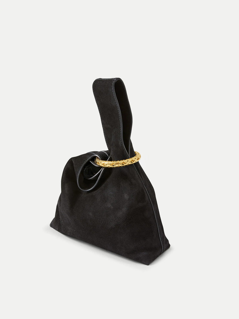 Veronica Beard Black suede handbag with gold braided handle.
