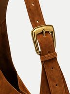 Veronica Beard Brown suede shoulder bag with gold buckle.