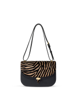 Veronica Beard Black and zebra print calfhair leather crossbody bag.