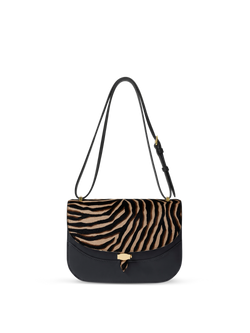 Veronica Beard Black and zebra print calfhair leather crossbody bag.