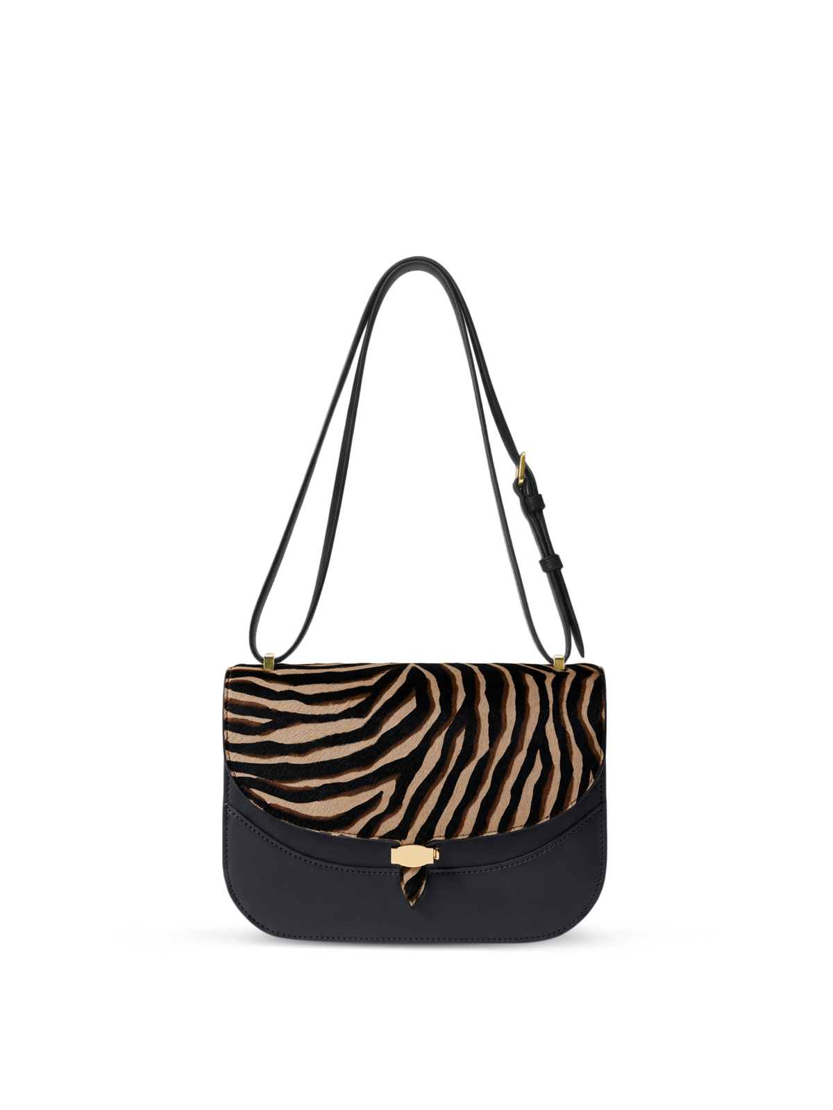 Veronica Beard Black and zebra print calfhair leather crossbody bag.