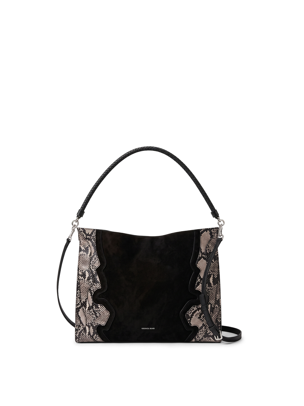 Veronica Beard Black suede and snakeskin hobo bag with braided handle.