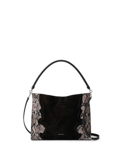 Veronica Beard Black suede and snakeskin hobo bag with braided handle.