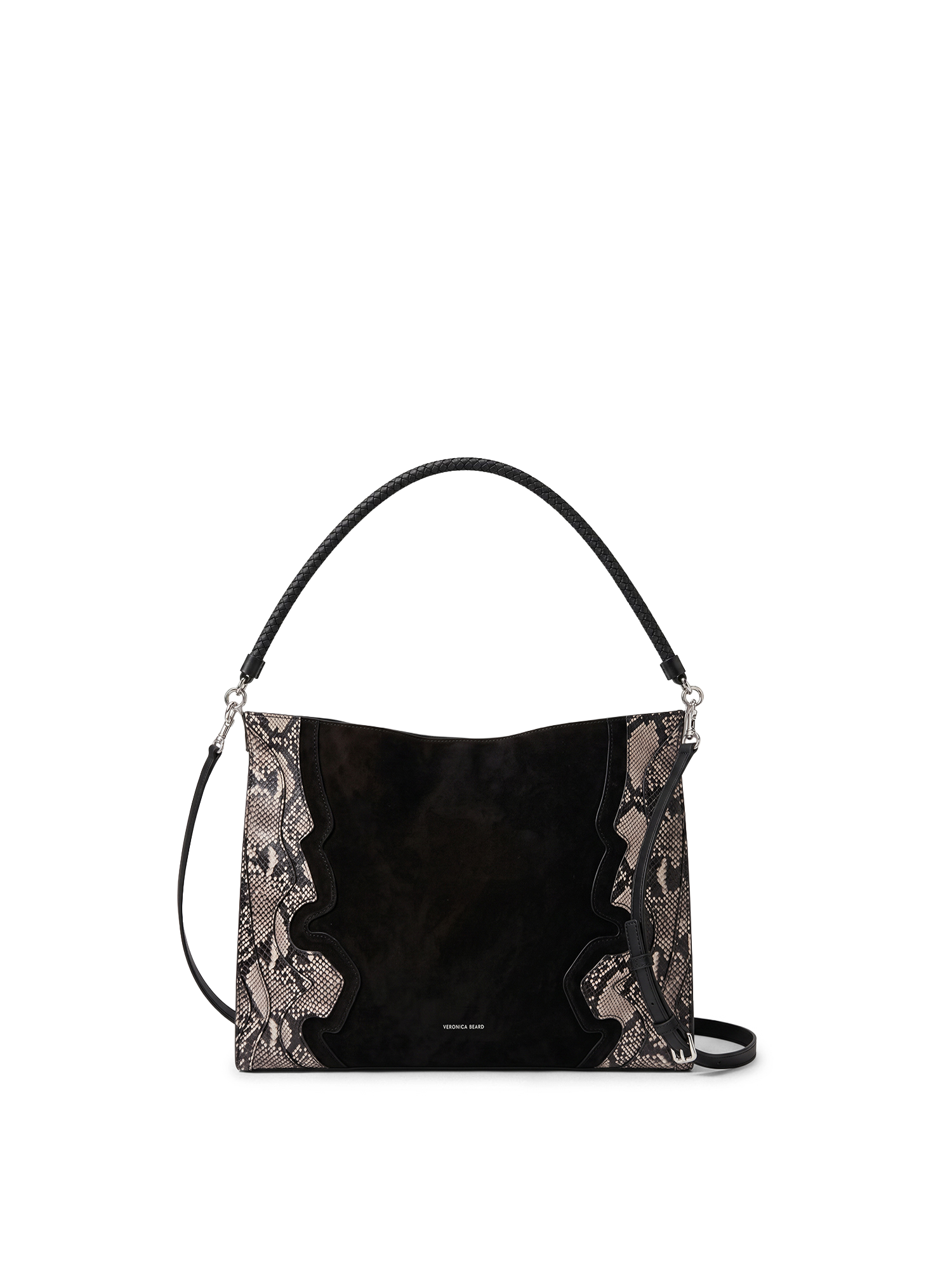 Veronica Beard Black suede and snakeskin hobo bag with braided handle.