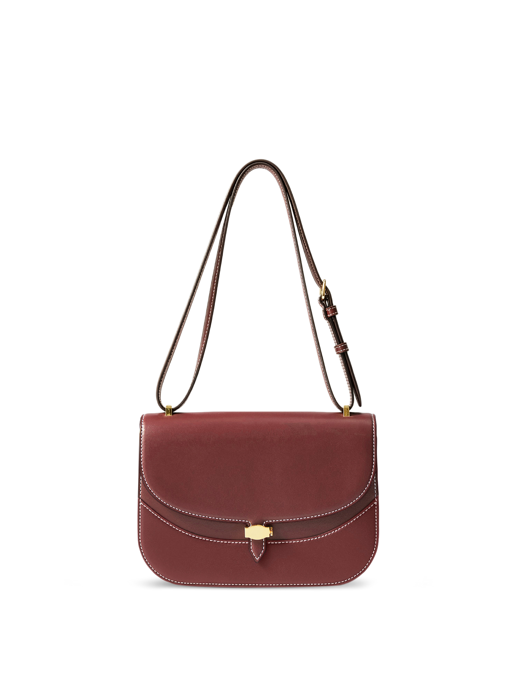 Veronica Beard Burgundy leather structured saddle bag with white stitching.