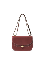 Veronica Beard Burgundy leather structured saddle bag with white stitching.