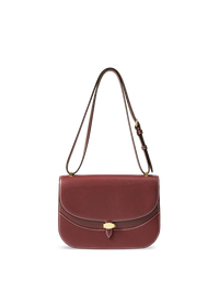 Veronica Beard Burgundy leather structured saddle bag with white stitching.