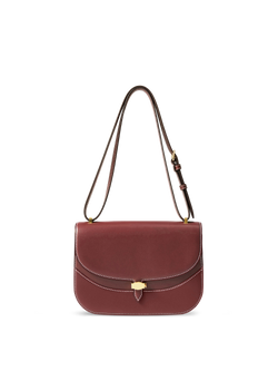 Veronica Beard Burgundy leather structured saddle bag with white stitching.
