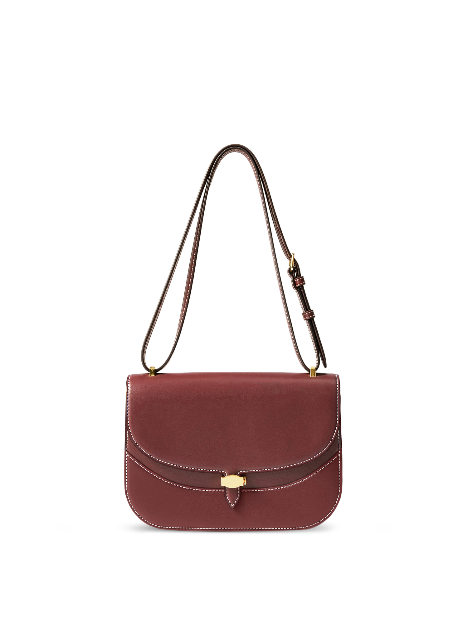 Veronica Beard Burgundy leather structured saddle bag with white stitching.