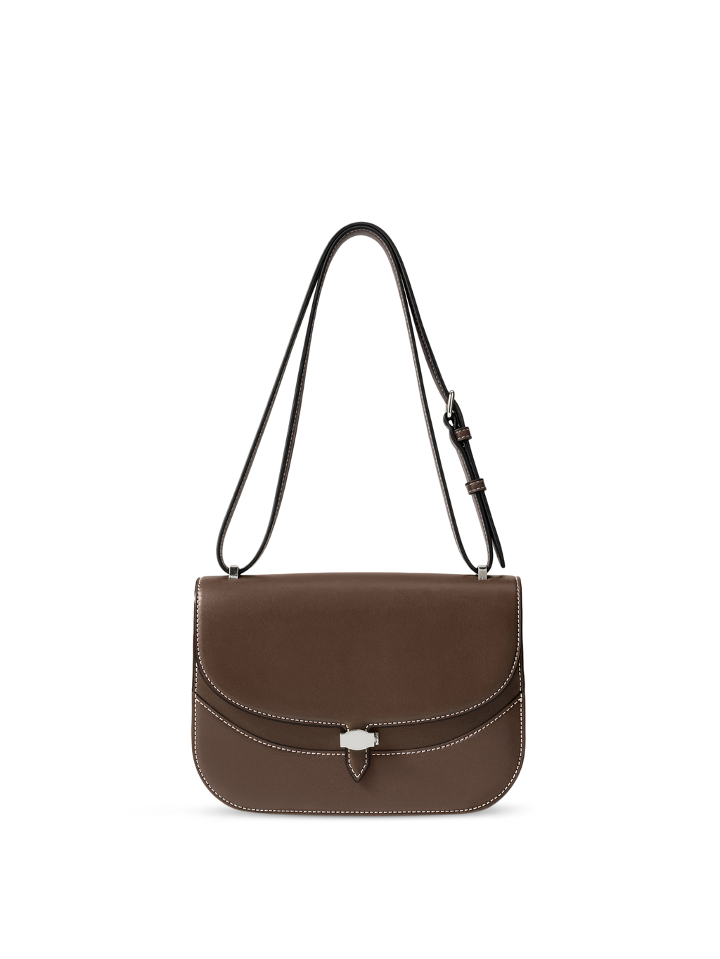 Veronica Beard Brown leather saddle bag with white stitching.