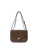 Veronica Beard Brown leather saddle bag with white stitching.