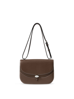 Veronica Beard Brown leather saddle bag with white stitching.