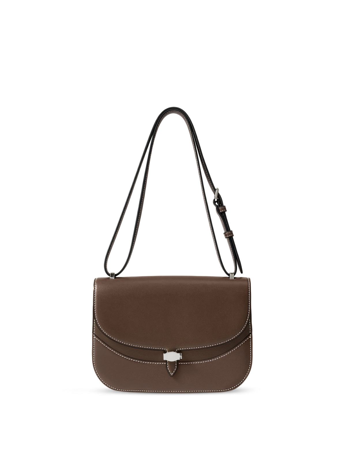 Veronica Beard Brown leather saddle bag with white stitching.